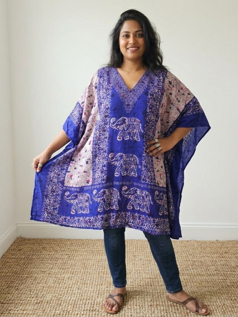 Nf Free Size Blue Elephant Batik Kaftan Poncho Top Blouse